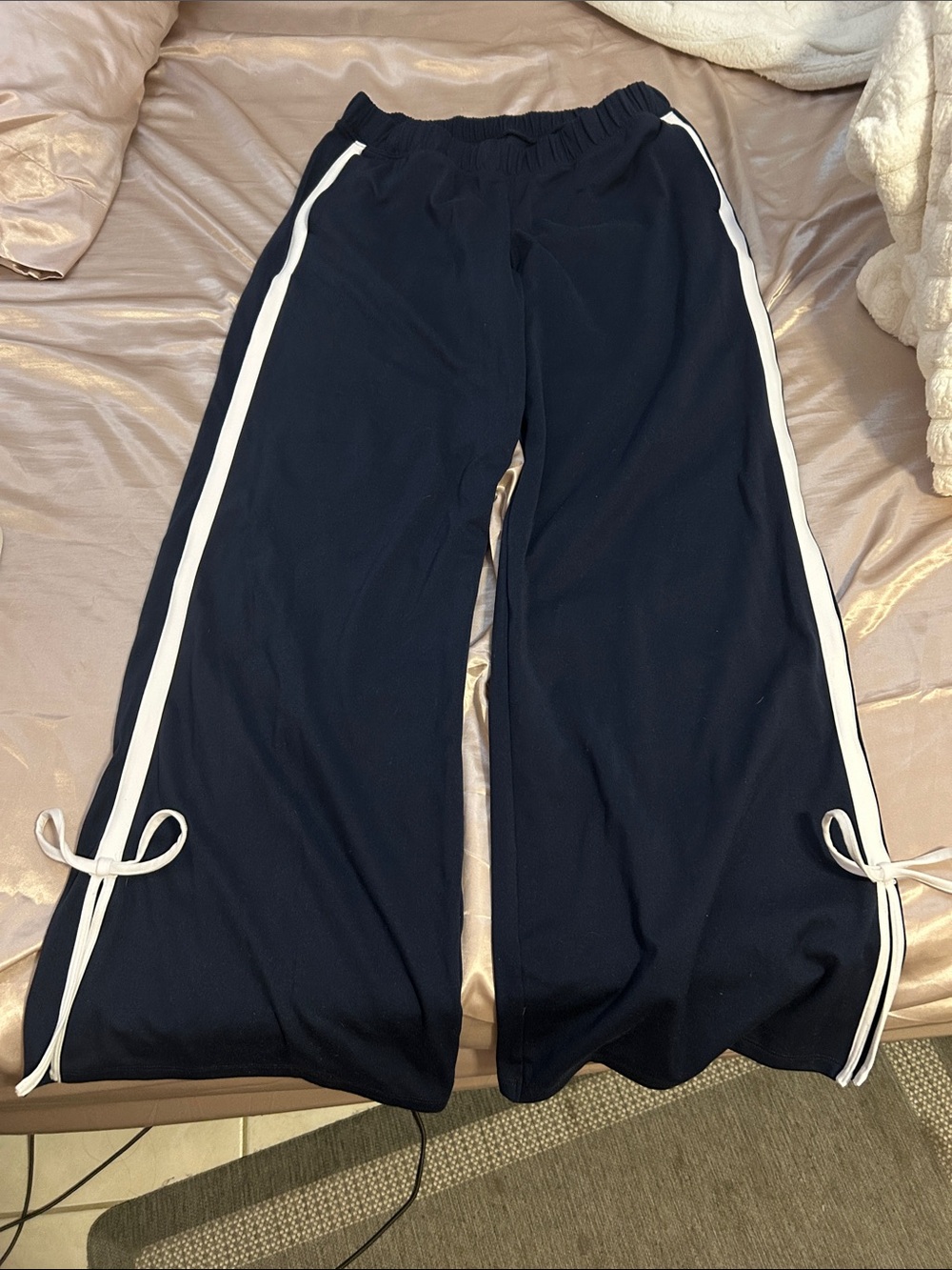 Small Womans Navy Blue Wide-Leg Track Pants with White Stripes